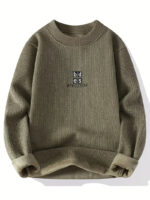 Commisely Men's Minimalist Embroidered Knit Sweater - Soft Cotton Blend, Olive Green