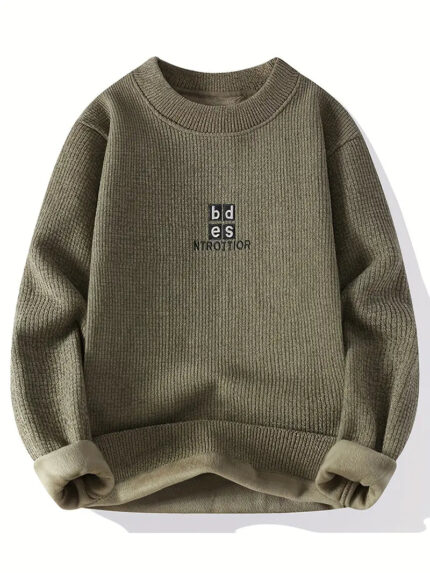 Commisely Men's Minimalist Embroidered Knit Sweater - Soft Cotton Blend, Olive Green