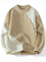 Commisely Two-Tone Patchwork Knit Sweater: Cozy Beige & Ivory Textured Pullover Top