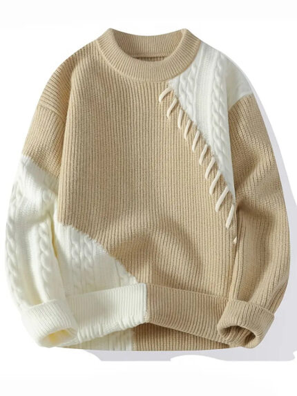 Commisely Two-Tone Patchwork Knit Sweater: Cozy Beige & Ivory Textured Pullover Top