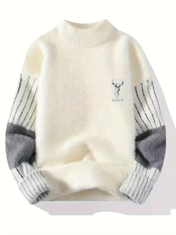 Commisely Deer Embroidered Knitted Sweater – Cream & Gray