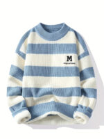 Commisely Cozy Striped Knitted Sweater: Relaxed Fit, 'M' Patch Design