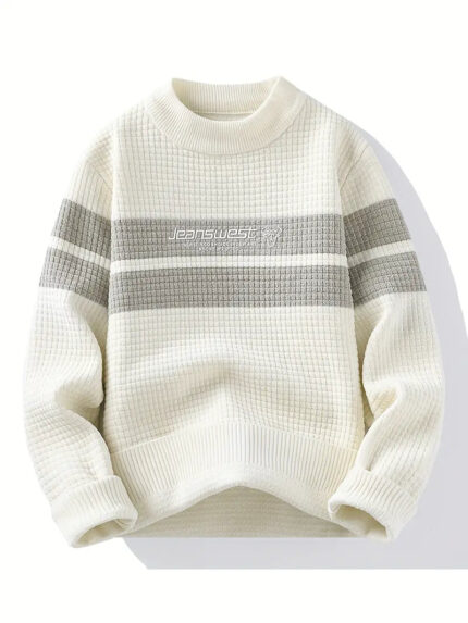 Cozy Waffle Knit Cream Gray Stripe Textured Sweater - Soft Cotton Blend