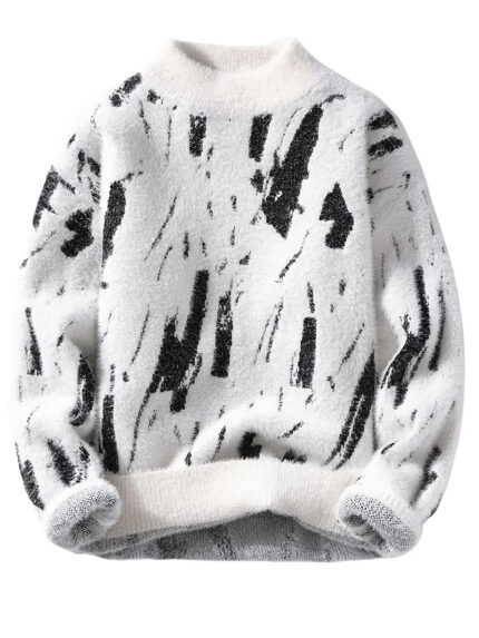 Commisely Abstract Black & White Knitted Sweater: Modern Brush-Stroke Design, Cozy Cotton Blend