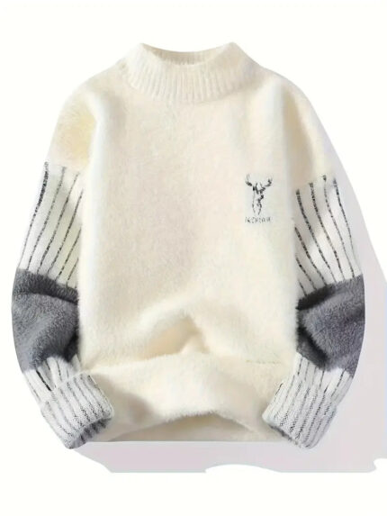 Commisely Cozy Deer Embroidered Fuzzy Knit Sweater with Gray Accents