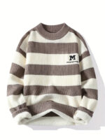 Commisely Cozy Striped Knitted Sweater: Relaxed Fit, 'M' Patch Design