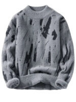 Commisely Abstract Black & White Knitted Sweater: Modern Brush-Stroke Design, Cozy Cotton Blend