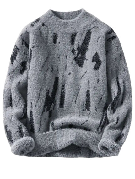 Commisely Abstract Black & White Knitted Sweater: Modern Brush-Stroke Design, Cozy Cotton Blend