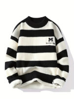 Commisely Cozy Striped Knitted Sweater: Relaxed Fit, 'M' Patch Design