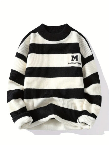 Commisely Cozy Striped Knitted Sweater: Relaxed Fit, 'M' Patch Design