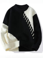 Commisely Two-Tone Patchwork Knit Sweater: Cozy Beige & Ivory Textured Pullover Top