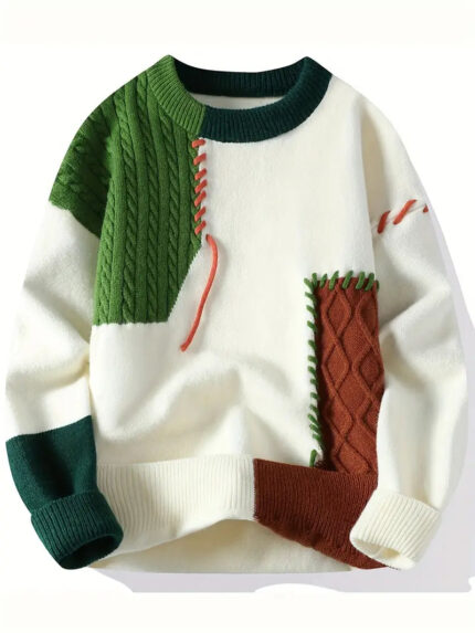 Commisely Vintage Patchwork Knitted Sweater – Unisex Colorblock Streetwear Style